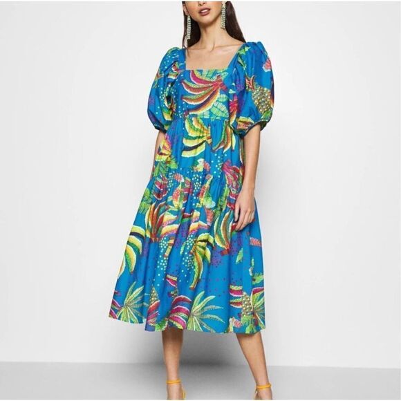 FARM RIO Tropics Tiered Midi Dress In Blue Banana Print Midi Dress Women’s Sz XS - Picture 15 of 15